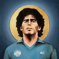 Diego Maradona, David Dielh, huile sur bois, feuille dor, 2019. Collection muse national du Sport, Nice @MNS 2019
